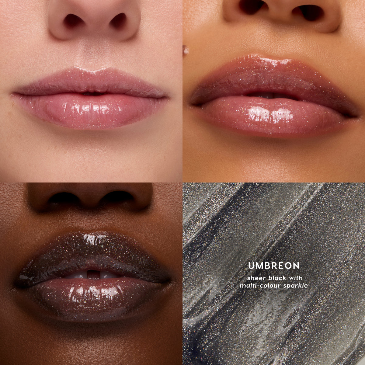 Umbreon Fresh Kiss Glossy Lip Balm, sheer black with multi-colour sparkle, swatched on three lip tones with a texture close-up