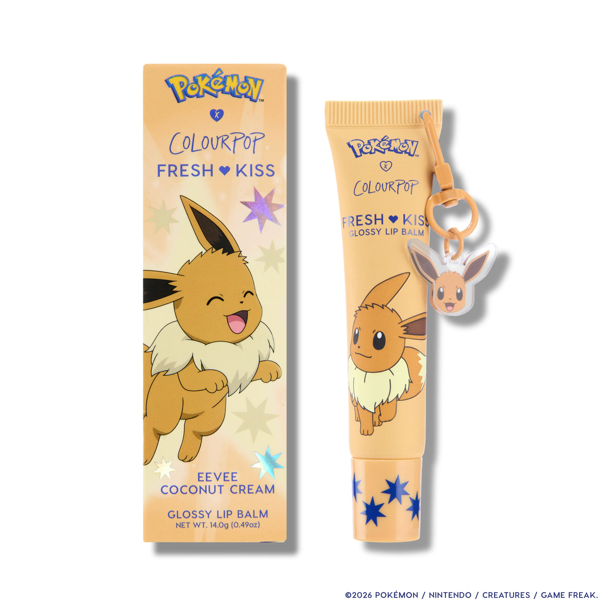 Eevee Fresh Kiss Glossy Lip Balm tube and box with a dangling Eevee charm keychain