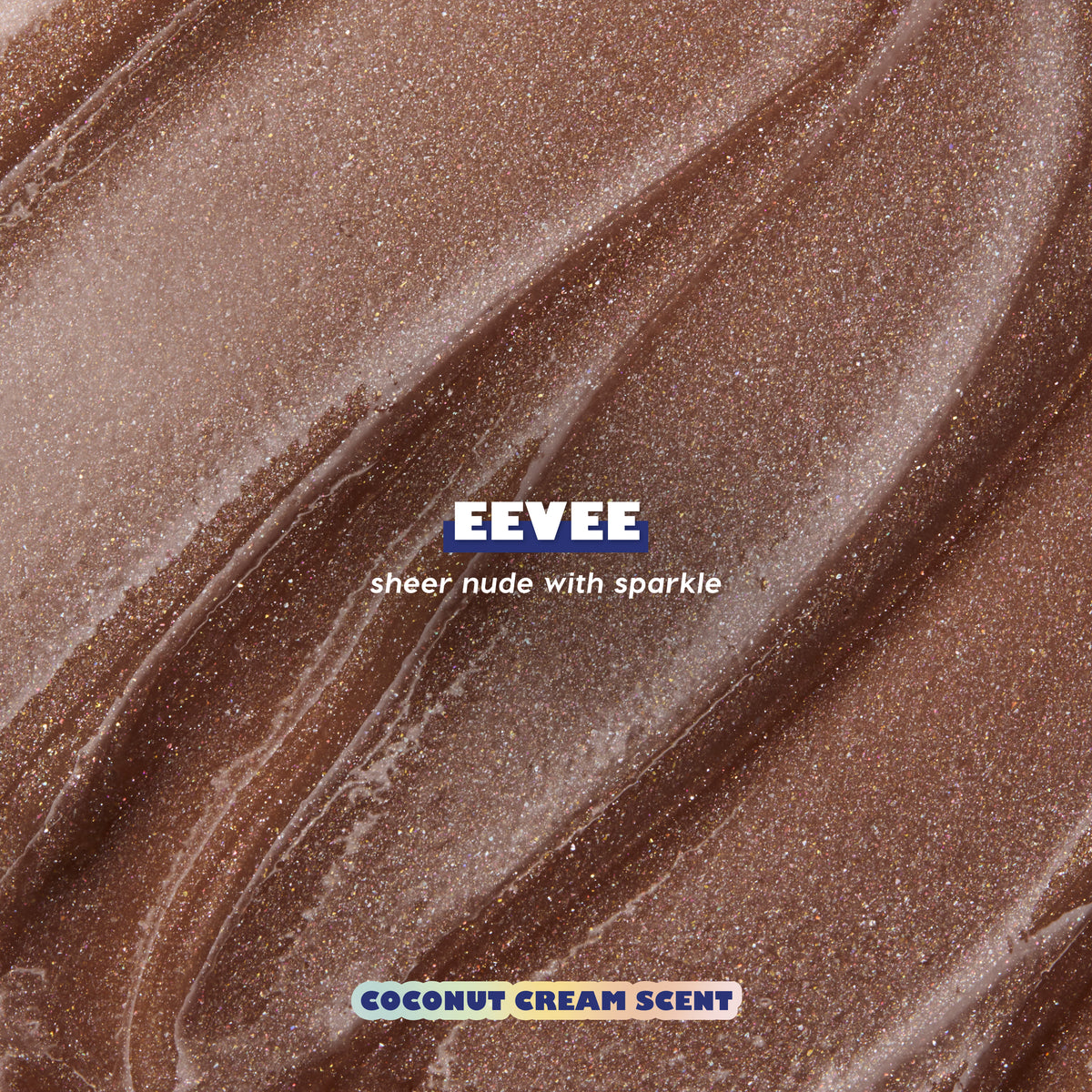 Eevee Fresh Kiss Glossy Lip Balm texture swatch: sheer nude with sparkle, Coconut Cream scent