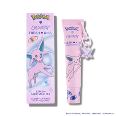 Espeon Fresh Kiss Glossy Lip Balm tube and box with a dangling Espeon charm keychain