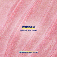 Espeon Fresh Kiss Glossy Lip Balm texture swatch: sheer lilac with sparkle, Taro Milk Tea scent