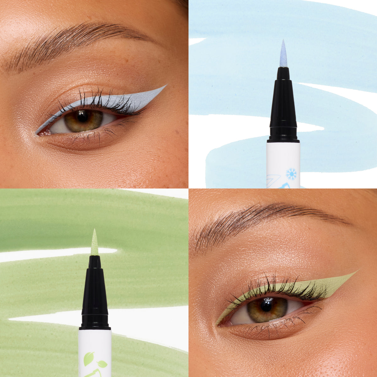 Close-ups of Glaceon baby blue and Leafeon sage green BFF Liquid Liner wings with the liner pens
