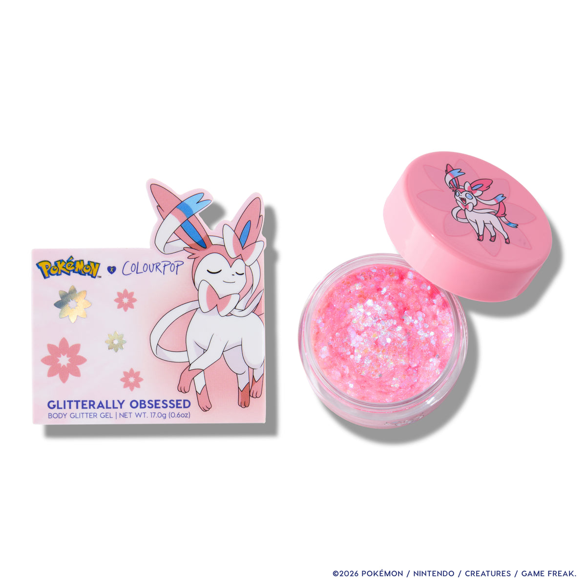 Sylveon Glitterally Obsessed jar and box on white, filled with cool pink chunky glitter gel