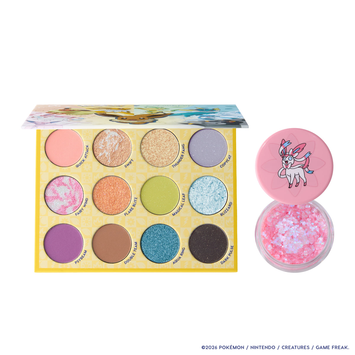 Eeveelution 12-pan palette next to Sylveon Glitterally Obsessed, a cool pink glitter gel with rainbow sparkle