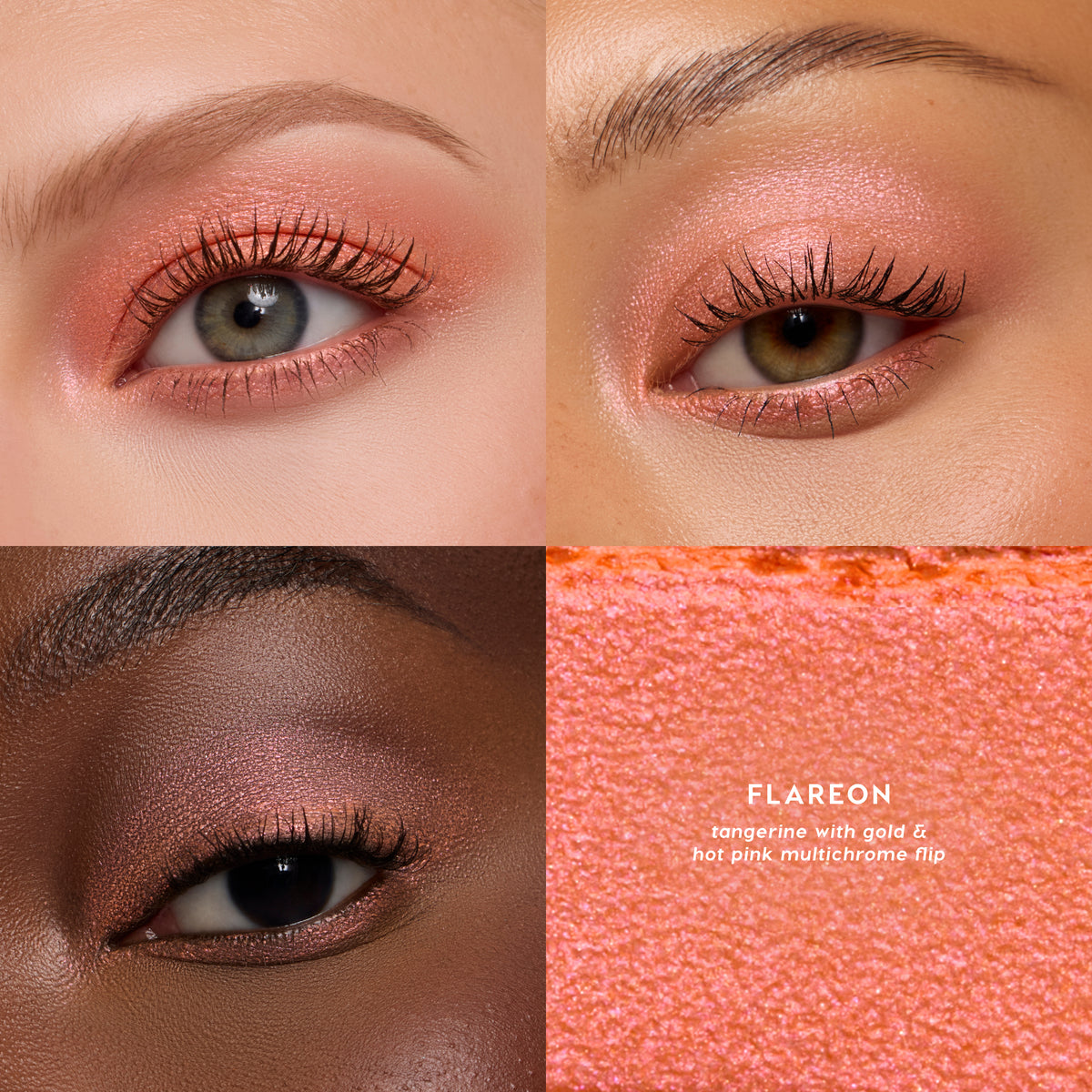Flareon Multichrome Shadow Stix, tangerine with a multichrome flip, on three eyes with a texture swatch