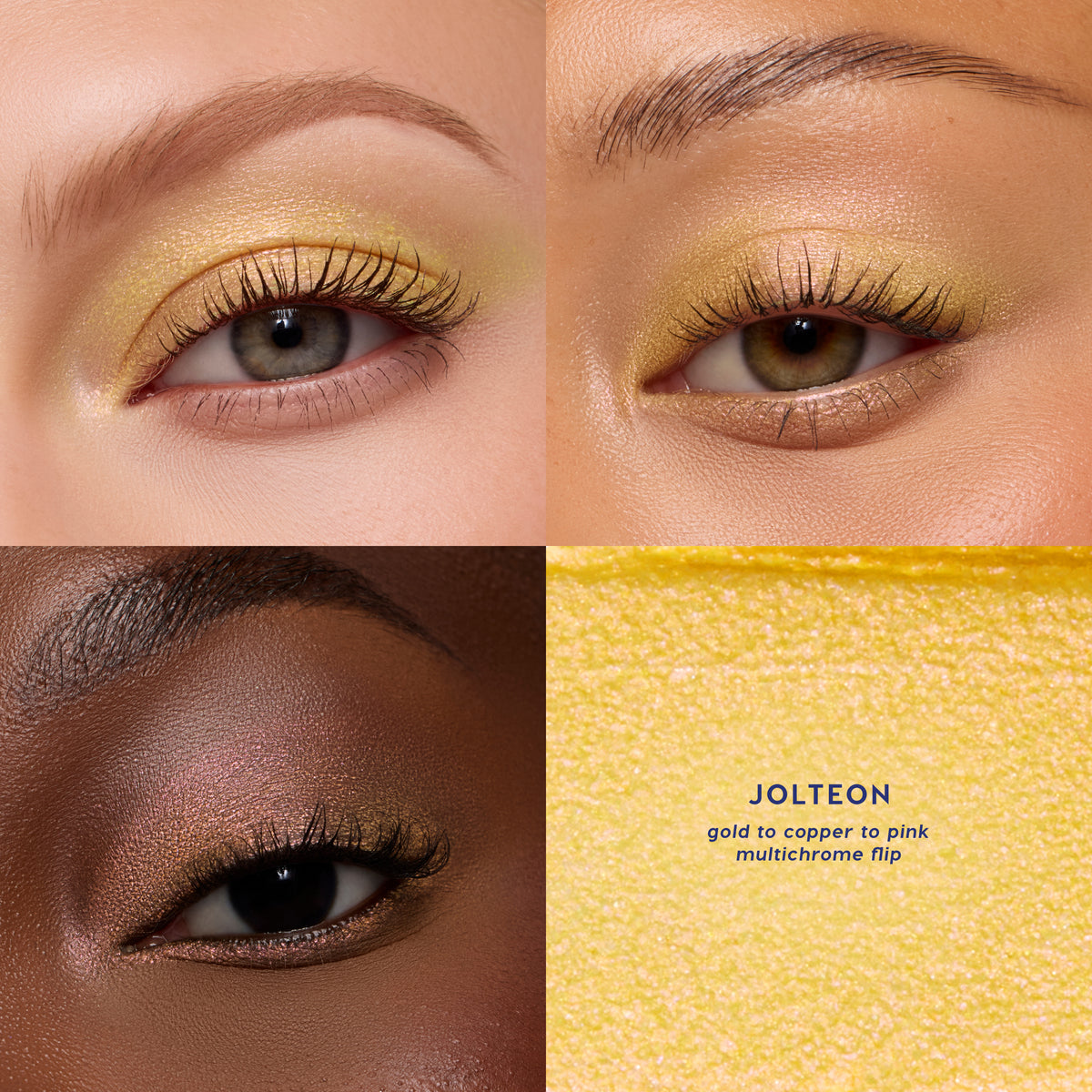 Jolteon Multichrome Shadow Stix, gold with a copper-to-pink multichrome flip, on three eyes with a texture swatch