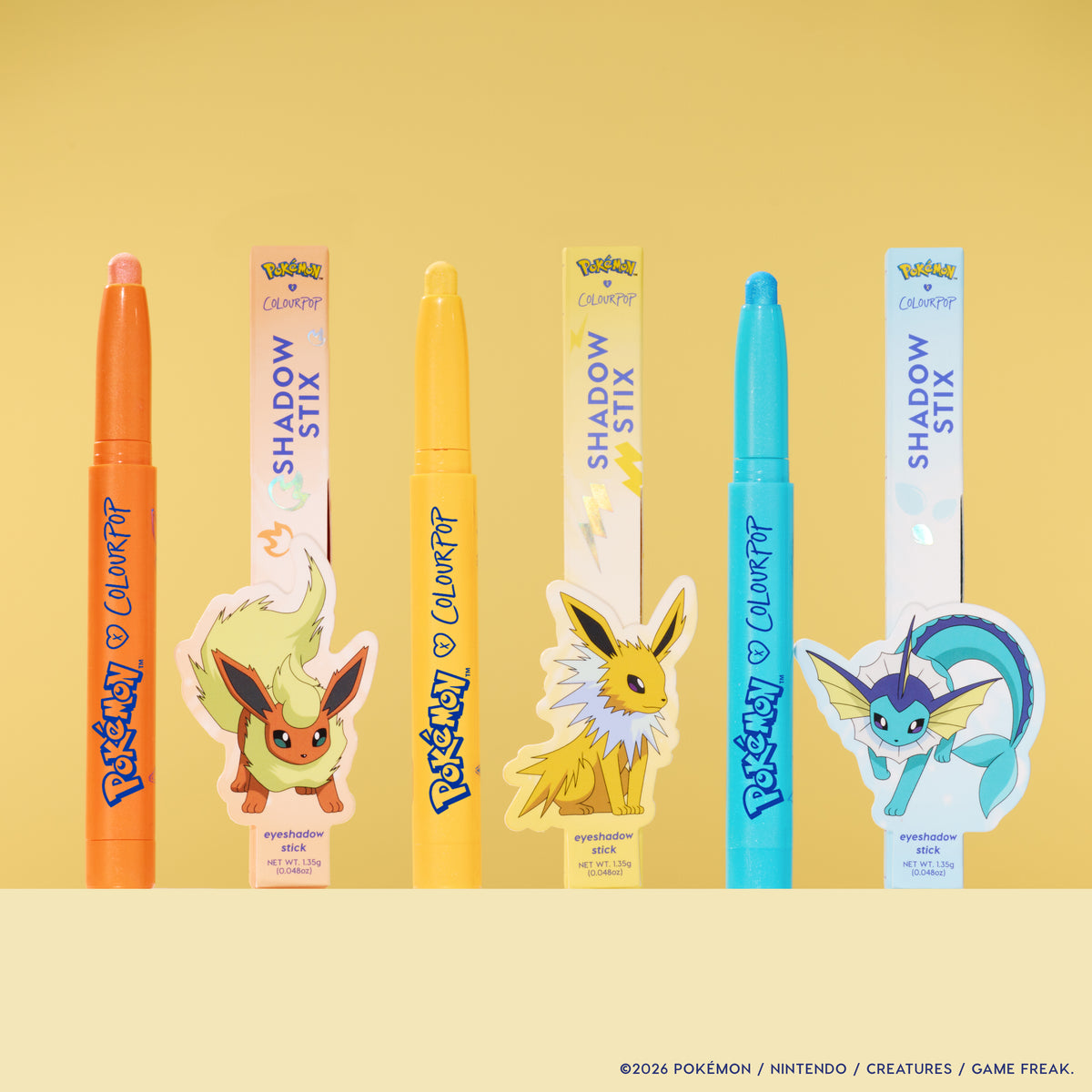 Cinder, Surge, and Tide set: Flareon orange, Jolteon yellow and Vaporeon blue Multichrome Shadow Stix with their boxes