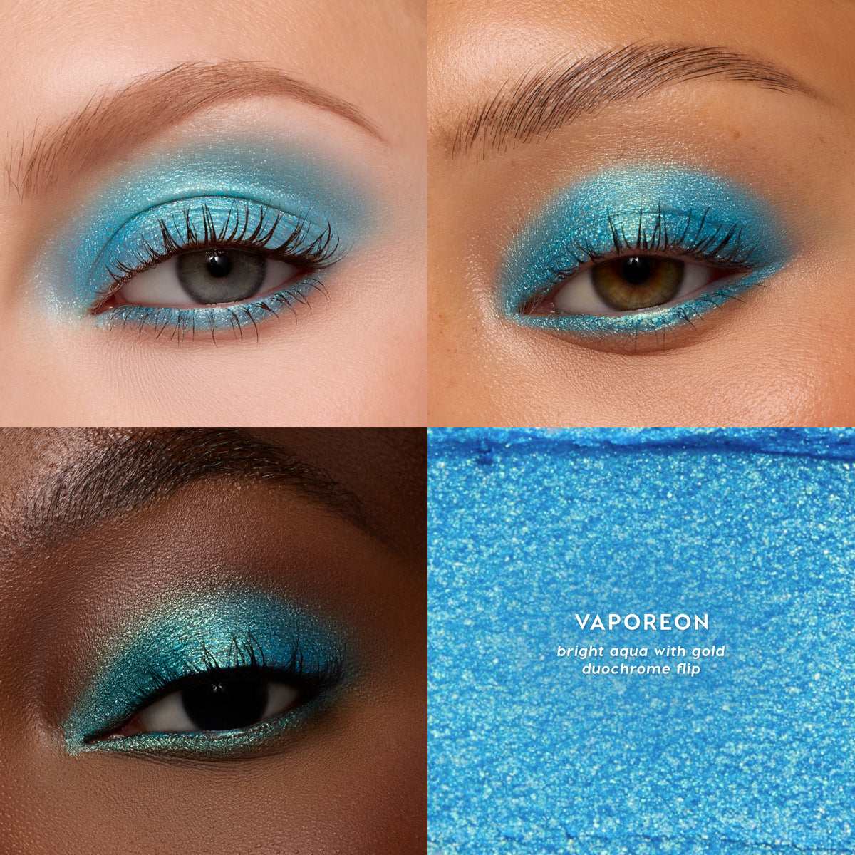 Vaporeon Multichrome Shadow Stix, bright aqua with a multichrome flip, on three eyes with a texture swatch