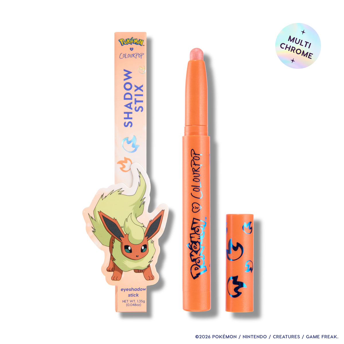 Flareon Multichrome Shadow Stix uncapped beside its box on white