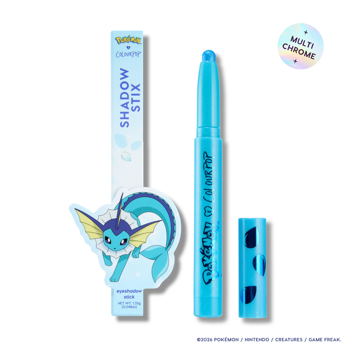 Vaporeon Multichrome Shadow Stix uncapped beside its box on white