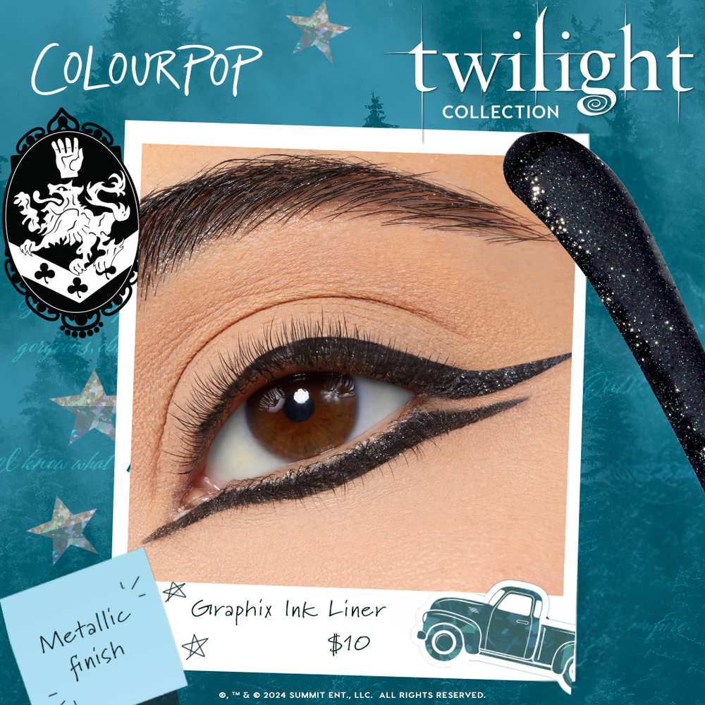 ColourPop Graphix Ink Liner in Coven creates a sharp double wing on a brown eye, showcasing a metallic black glitter finish; Twilight Collection promo backdrop with teal forest and star accents plus brush swatch, priced at $10.
