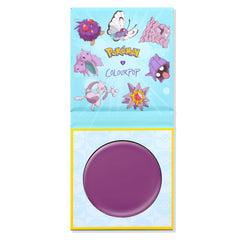 Purple ColourPop Cream Blush, shade Hypnosis, shown in an open compact with a round pan; Pokémon x ColourPop light blue packaging with character art and a yellow border frames the product.