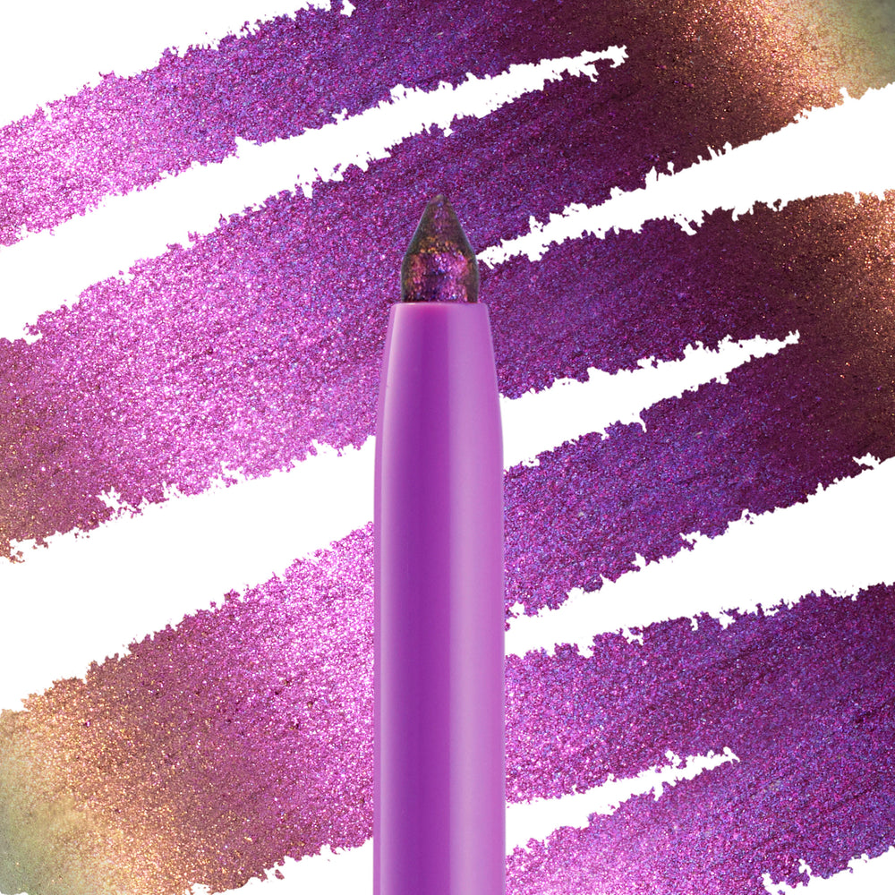Actin' Up ColourPop Chrome Crème Gel Liner pencil displaying a multichrome tip, swatched in bold diagonal streaks of purple-magenta shifting to gold-green on white, highlighting its metallic, high-pigment payoff.