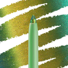 Wild Idea ColourPop Chrome Crème Gel Liner displays a multichrome tip shifting teal, green, and gold, drawing creamy strokes across a swatched backdrop; mint twist-up pencil in macro close-up for bold, long-wear eye looks.