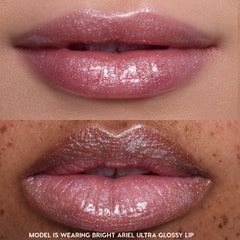 Two close-up shots of models’ lips wearing Princess Pout full collection set, showcasing sheer pink, ultra glossy Disney Princess lip gloss with fine shimmer on different skin tones against a neutral background.