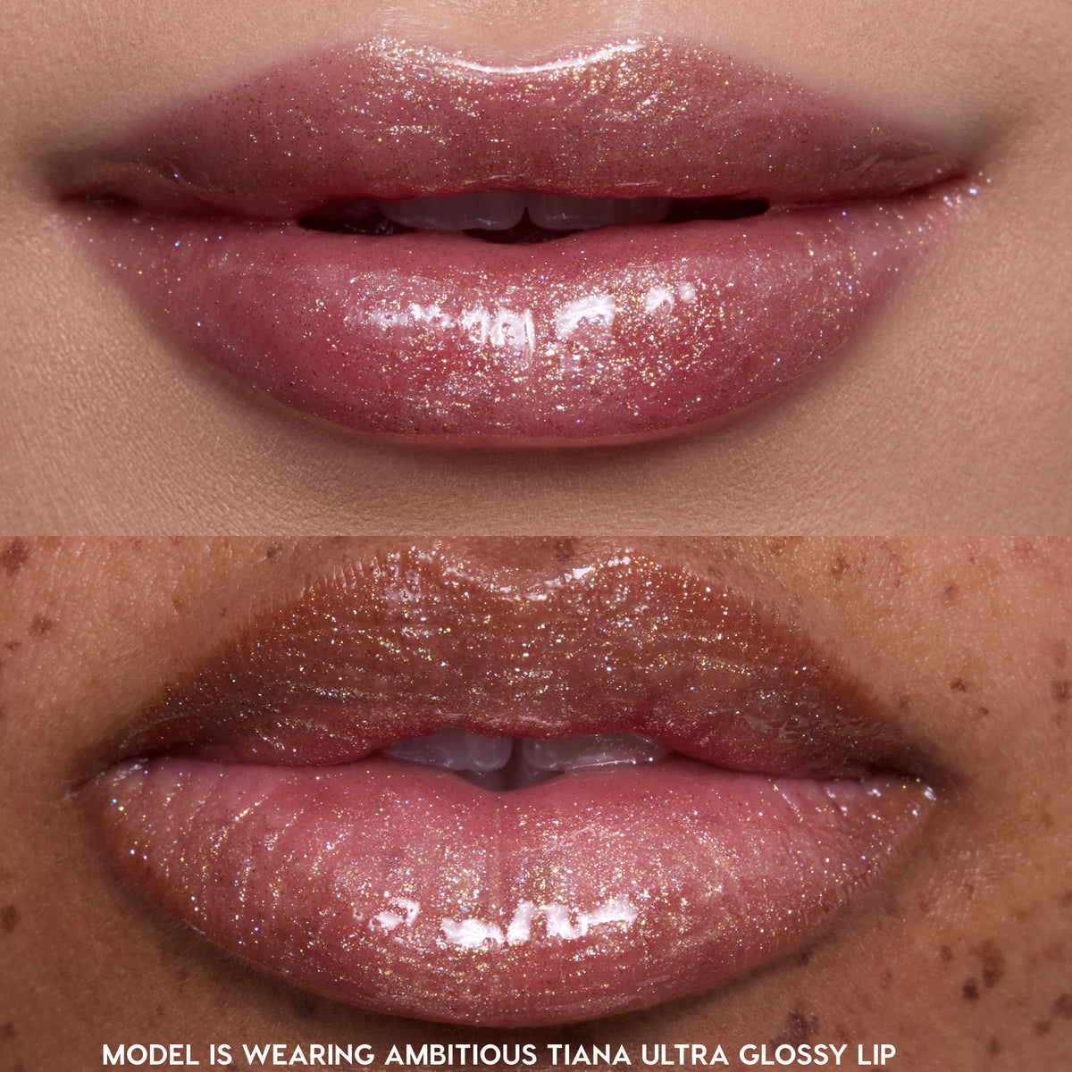 Close-up of two models’ lips wearing Princess Pout full collection set, showcasing sheer pink Disney Princess ultra glossy lip color with multidimensional gold shimmer on smooth, hydrated lips against bare skin.