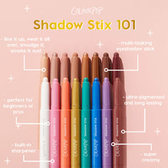 Walk of Fame ColourPop Shadow Stix displayed with a rainbow of shades, creamy eyeshadow sticks with exposed tips on a soft pink backdrop, highlighting multi‑tasking wear, built‑in sharpener, and ultra‑pigmented, long‑lasting color.