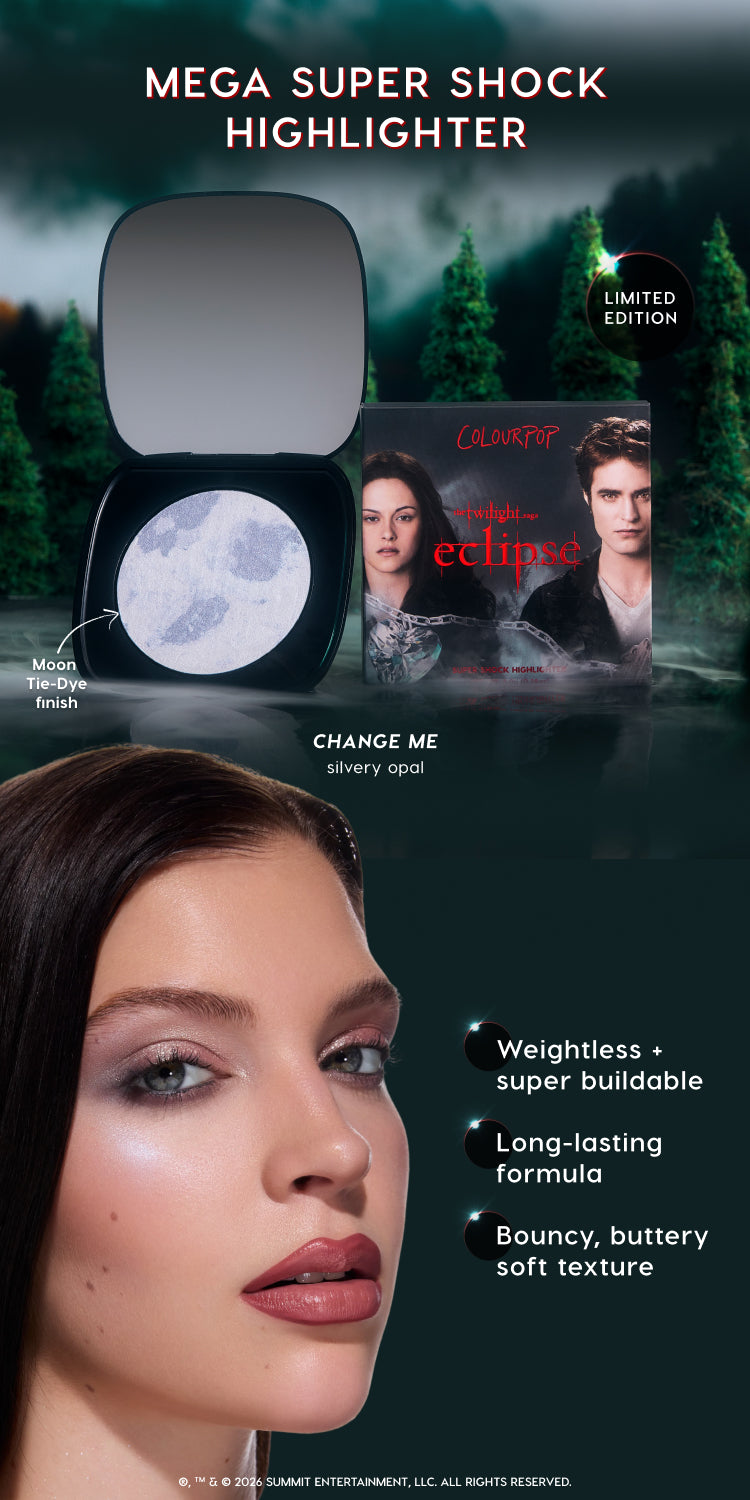 ColourPop Mega Super Shock Highlighter in limited edition Twilight Eclipse “Change Me” shade shown open with moon tie-dye pan, packaging featuring movie artwork, and model wearing silvery opal glow, highlighting weightless, long-lasting, bouncy formula claims.