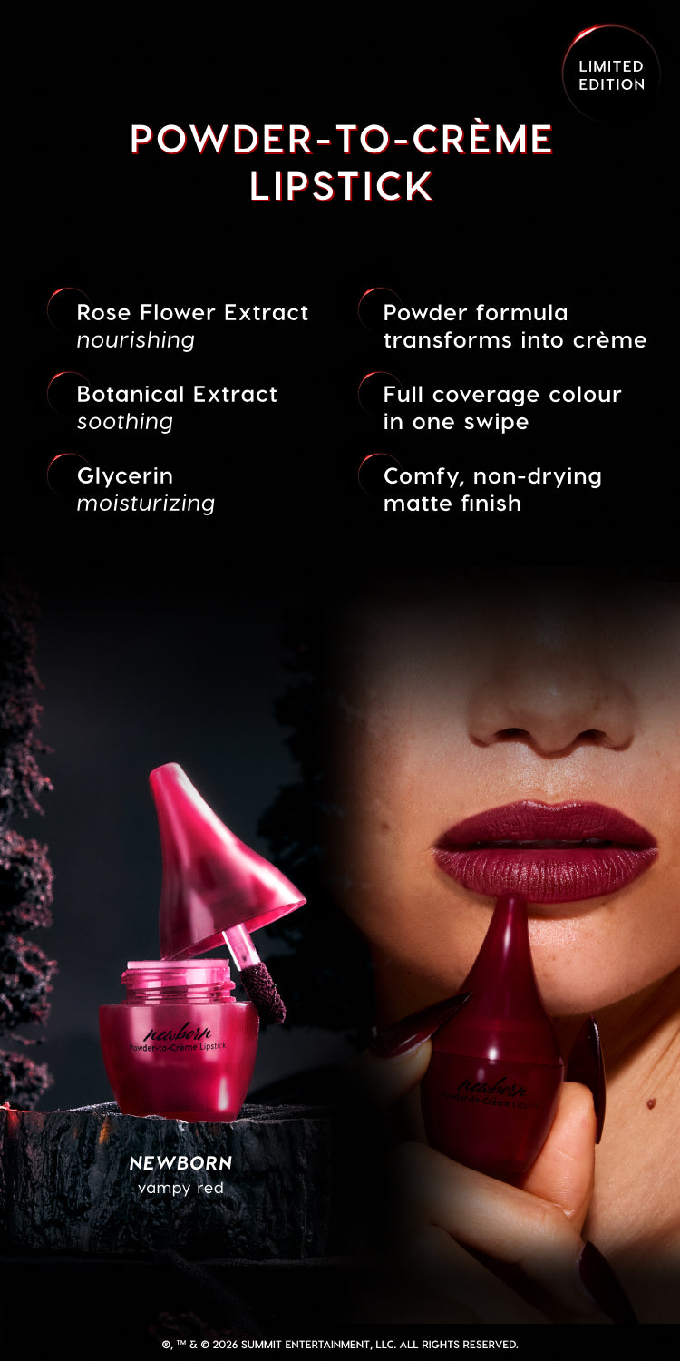 Newborn vampy red powder-to-crème lipstick shown in a sleek crimson bottle and open pot with applicator, highlighting nourishing rose flower extract, soothing botanical extract, moisturizing glycerin, full-coverage matte finish, and limited edition label.