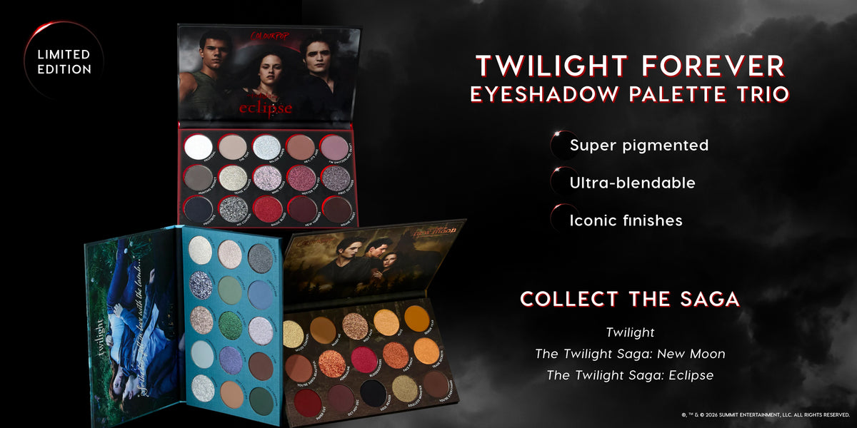 ColourPop Twilight Forever Eyeshadow Palette Trio displayed open on a dark cloudy background, showcasing three limited edition Twilight movie–themed palettes with 12 super pigmented, ultra-blendable shadows in matte and glitter finishes.