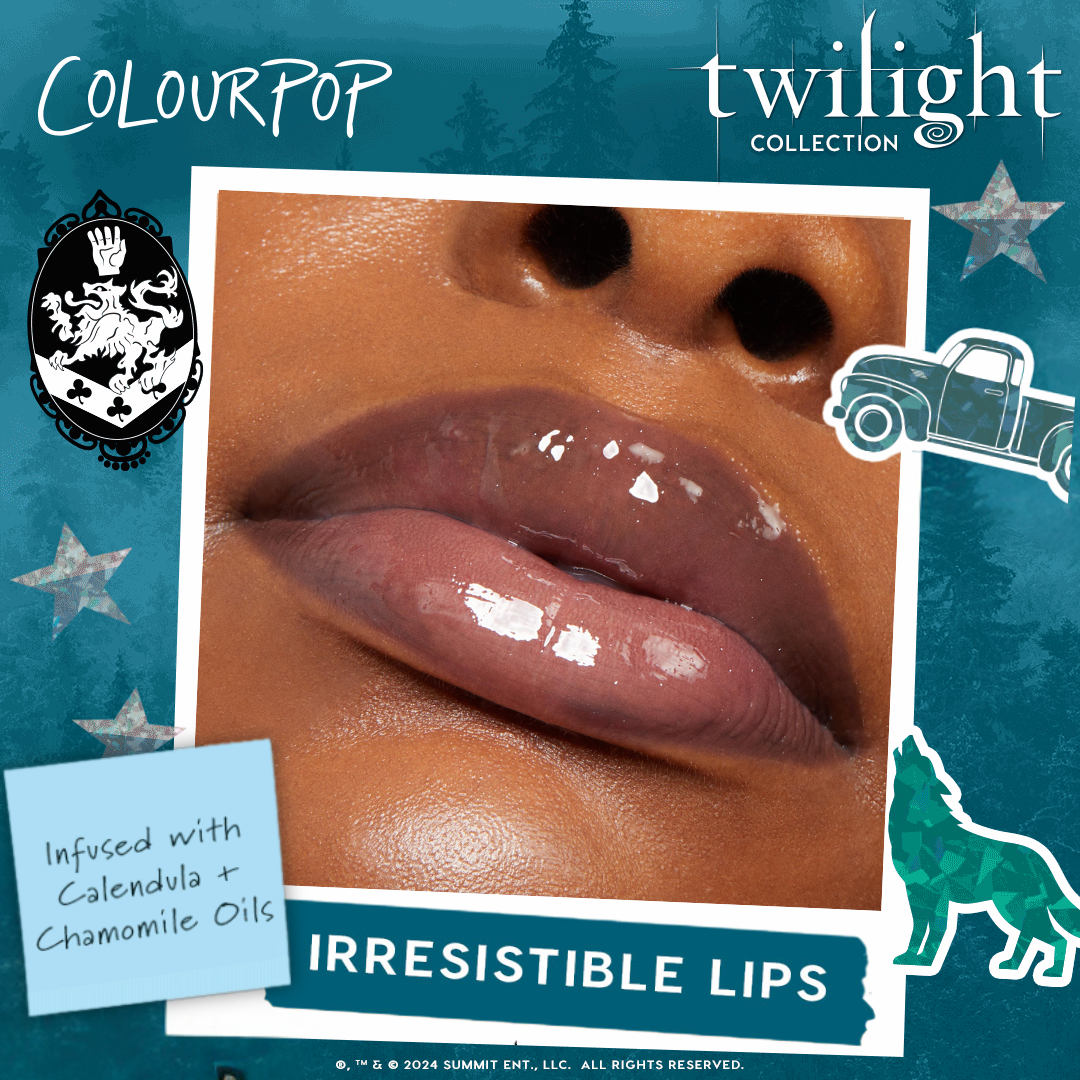 Glossy lips wearing Team Edward ColourPop Lux Lip Oil, a high-shine sheer finish infused with calendula and chamomile oils, shown in a Twilight Collection ad with a teal forest backdrop and playful wolf and truck icons.