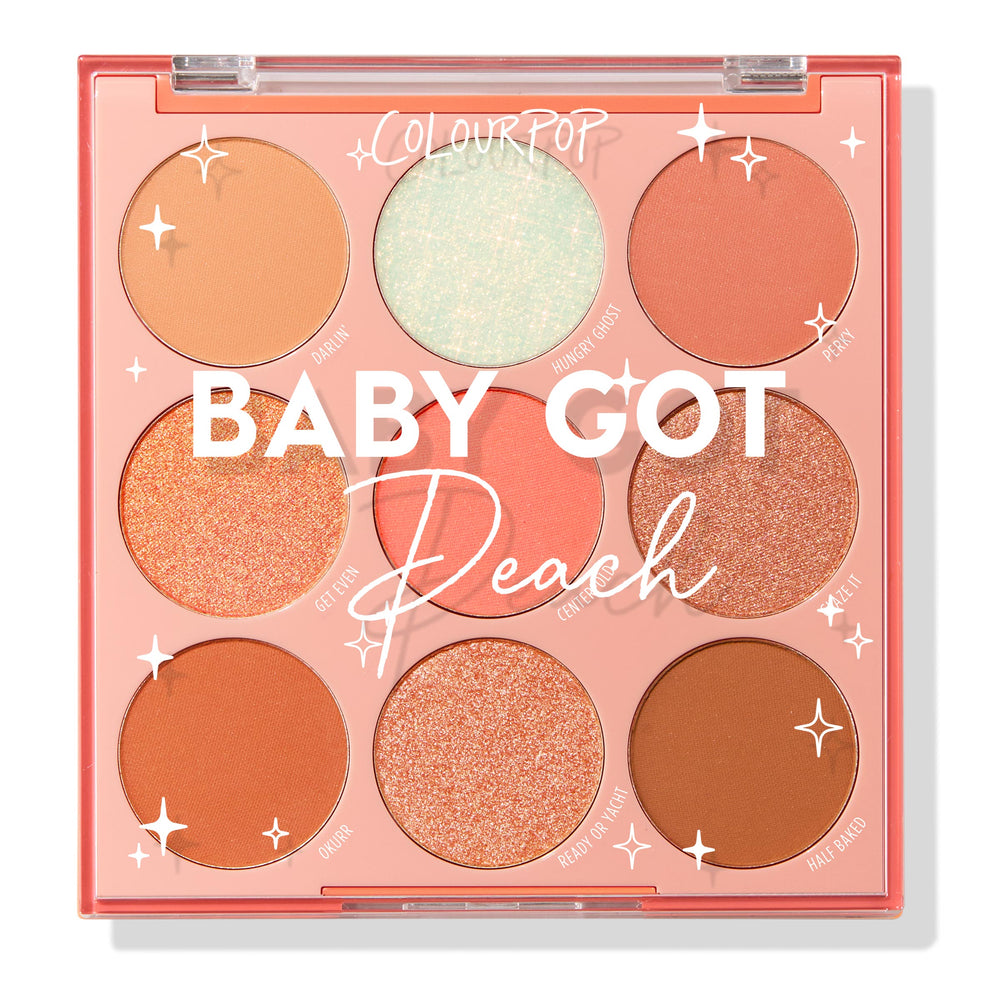 Baby Got Peach ColourPop Shadow Palette showcasing nine warm-toned pans - peach, coral, copper, champagne, terracotta, and a mint sparkle - in matte and shimmer finishes, arranged 3x3 in a peach compact with clear lid for soft glam eye looks.