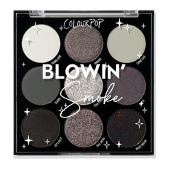 Blowin’ Smoke shadow palette showcasing nine cool‑toned shades - white, silver, graphite, and black - in matte, shimmer, and glitter finishes arranged 3x3 in a black compact with clear lid; ColourPop Shadow Palette for bold smoky eyes.