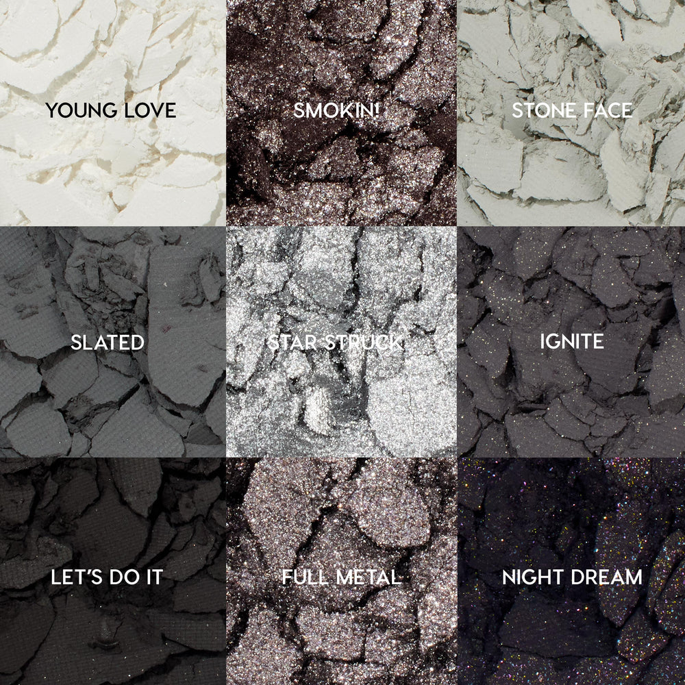 ColourPop Blowin' Smoke shadow palette showcases nine cool-toned pans - Young Love, Smokin', Stone Face, Slated, Star Struck, Ignite, Let's Do It, Full Metal, Night Dream - crushed and textured in a 3x3 grid of matte, metallic, and glitter grays to black.