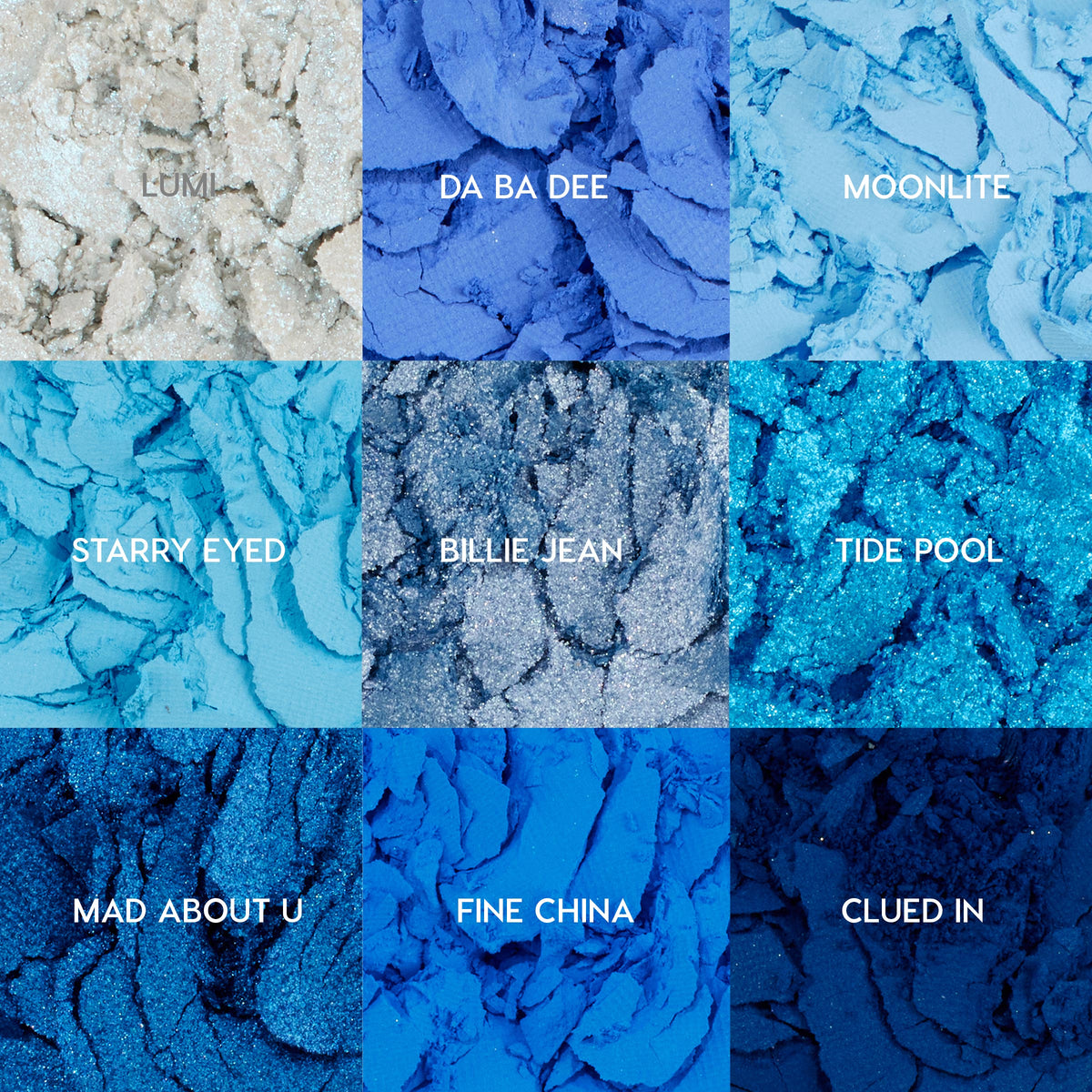 Blue Moon ColourPop Shadow Palette - nine crushed blue eyeshadow pans in a 3x3 grid - showcasing matte, metallic, and glitter finishes; shades labeled Lumi, Da Ba Dee, Moonlite, Starry Eyed, Billie Jean, Tide Pool, Mad About U, Fine China, Clued In.