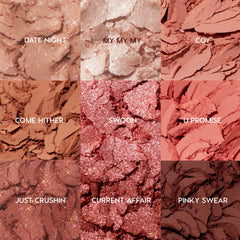 Blush Baby ColourPop Shadow Palette displays nine crushed rose-to-mauve pans - Date Night, My My My, Coy, Come Hither, Swoon, U Promise, Just Crushin’, Current Affair, Pinky Swear - mixing matte and sparkly shimmer finishes in a tight grid close-up.