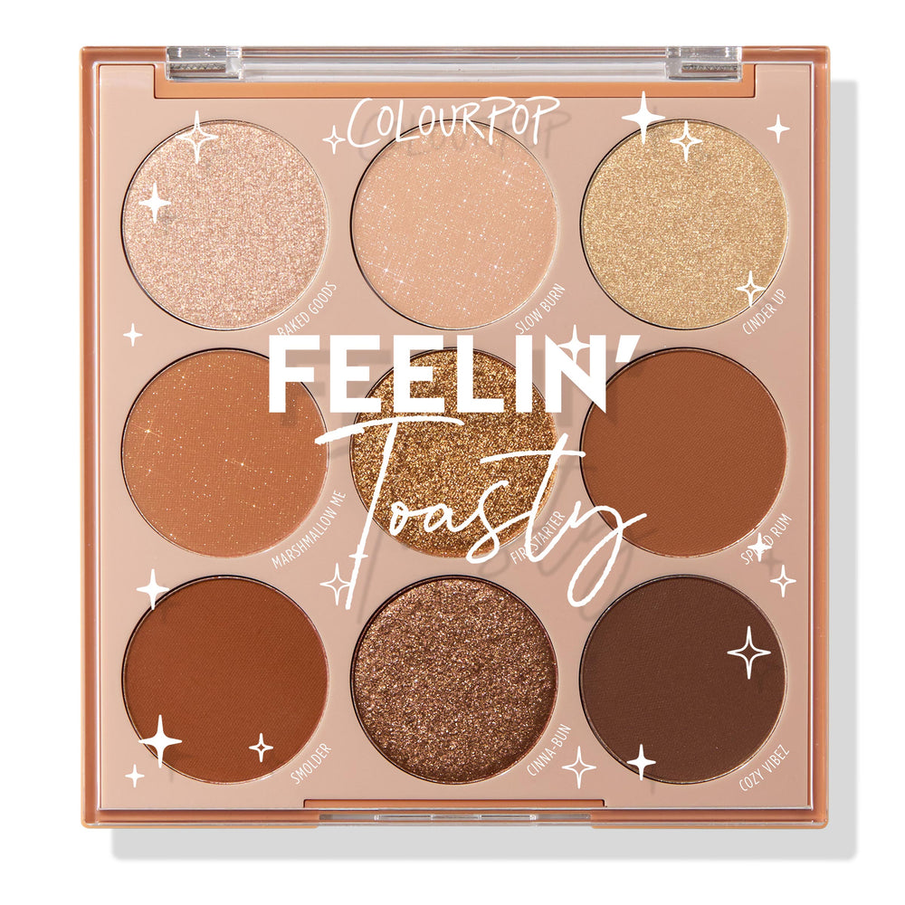 ColourPop Shadow Palette Feelin’ Toasty displays nine warm neutral eyeshadows - matte caramel, cinnamon, and deep cocoa with shimmery champagne, bronze, and glittery gold - set in a 3x3 grid beneath a closed clear lid with branded script.