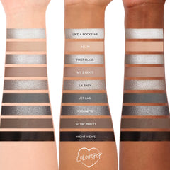 ColourPop Gone Metal shadow palette swatched on three skin tones, showing nine cool neutrals from metallic silver to taupe, gray, and matte black; shade names labeled from Like a Rockstar to Night Views; shimmer and matte finishes on white backdrop.