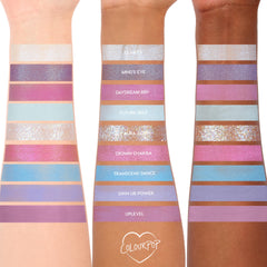ColourPop In A Trance shadow palette swatches spanning three arms, showcasing pastel purples, pinks, and icy blues in matte, shimmer, and glitter finishes; shade names like Clarity, Mind’s Eye, Daydream BBY, Future Self, and Aura Again visible.