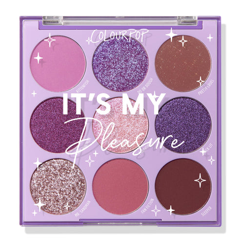 ColourPop Shadow Palette in It's My Pleasure displaying a 3x3 grid of purple-toned eyeshadows - matte, metallic, and pressed glitter - inside a lavender compact with a clear lid; shades range from lilac and pink shimmer to deep plum and berry.