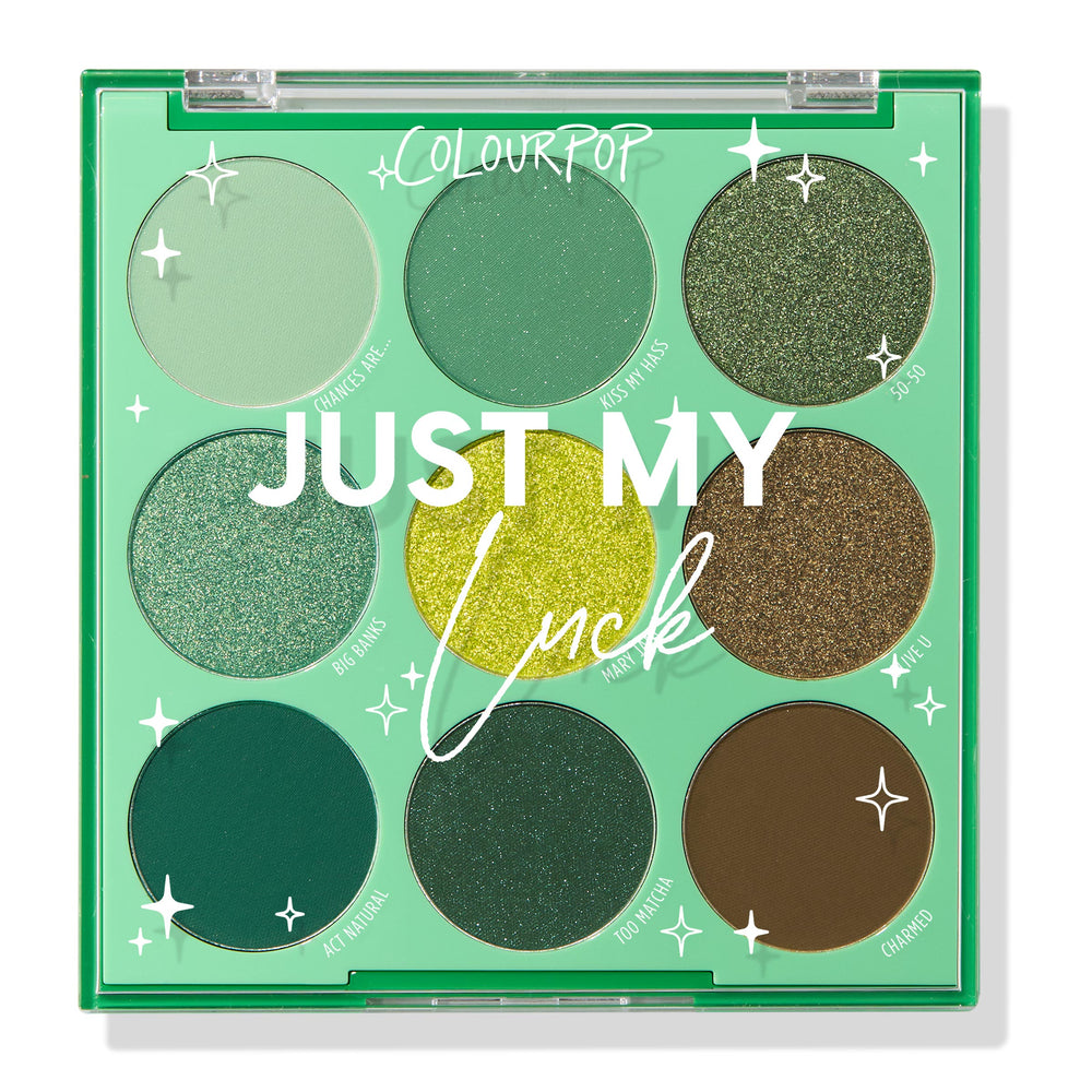 Just My Luck ColourPop Shadow Palette displays nine green-toned shades - mint, emerald, olive, lime shimmer, teal sparkle, and deep brown - set in a mint-green case with a clear lid reading “Just My Luck.”