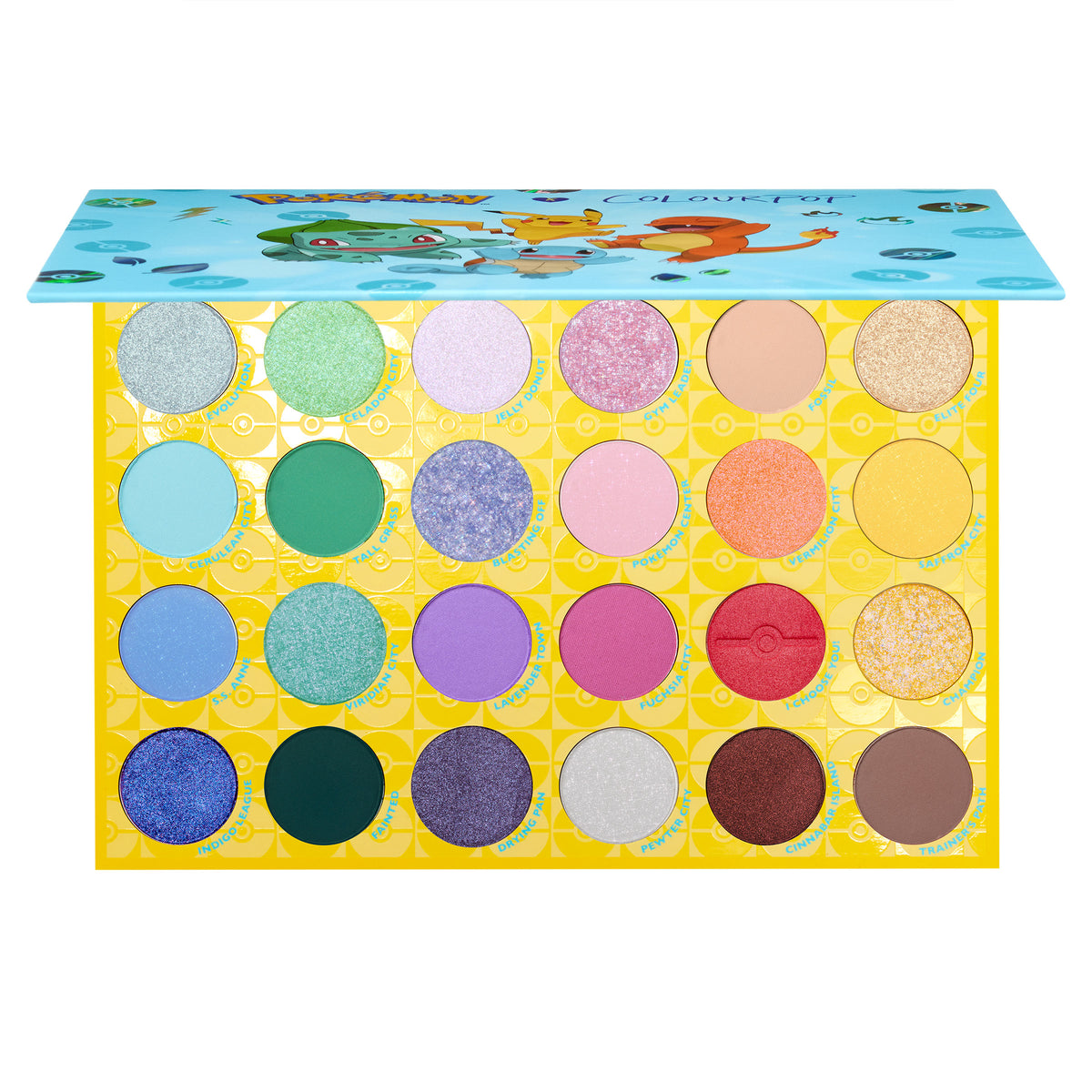 Open ColourPop Shadow Palette Pallet Town shows 24 eyeshadows - mattes and shimmers in blues, greens, purples, pinks, golds, and neutrals - set in a yellow Poké Ball tray with a blue Pokémon lid featuring Pikachu, Charmander, and Bulbasaur.