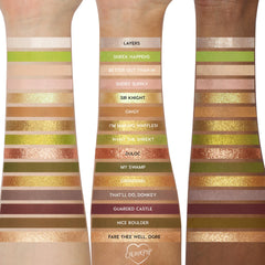 Beware Ogre ColourPop Shadow Palette swatched on three arms, with labeled shades in matte and metallic finishes - cream, taupe, mauve, mossy green, chartreuse, gold, and copper - showcasing the Shrek-inspired color story across skin tones.