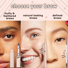 ColourPop Champagne Blonde Pencil brow pencil defines and shapes brows with a fine tip and spoolie, shown in a “choose your brow” graphic beside brow gel and a feather-effect pen, comparing fluffy, natural, and defined looks on three close-up faces.