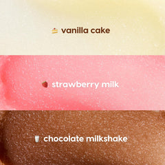 Vanilla Cake ColourPop Lip Scrub swatch showing its pale cream, sugar-grain texture, displayed as the top band of a three-swatch grid with pink Strawberry Milk and brown Chocolate Milkshake flavors beneath.