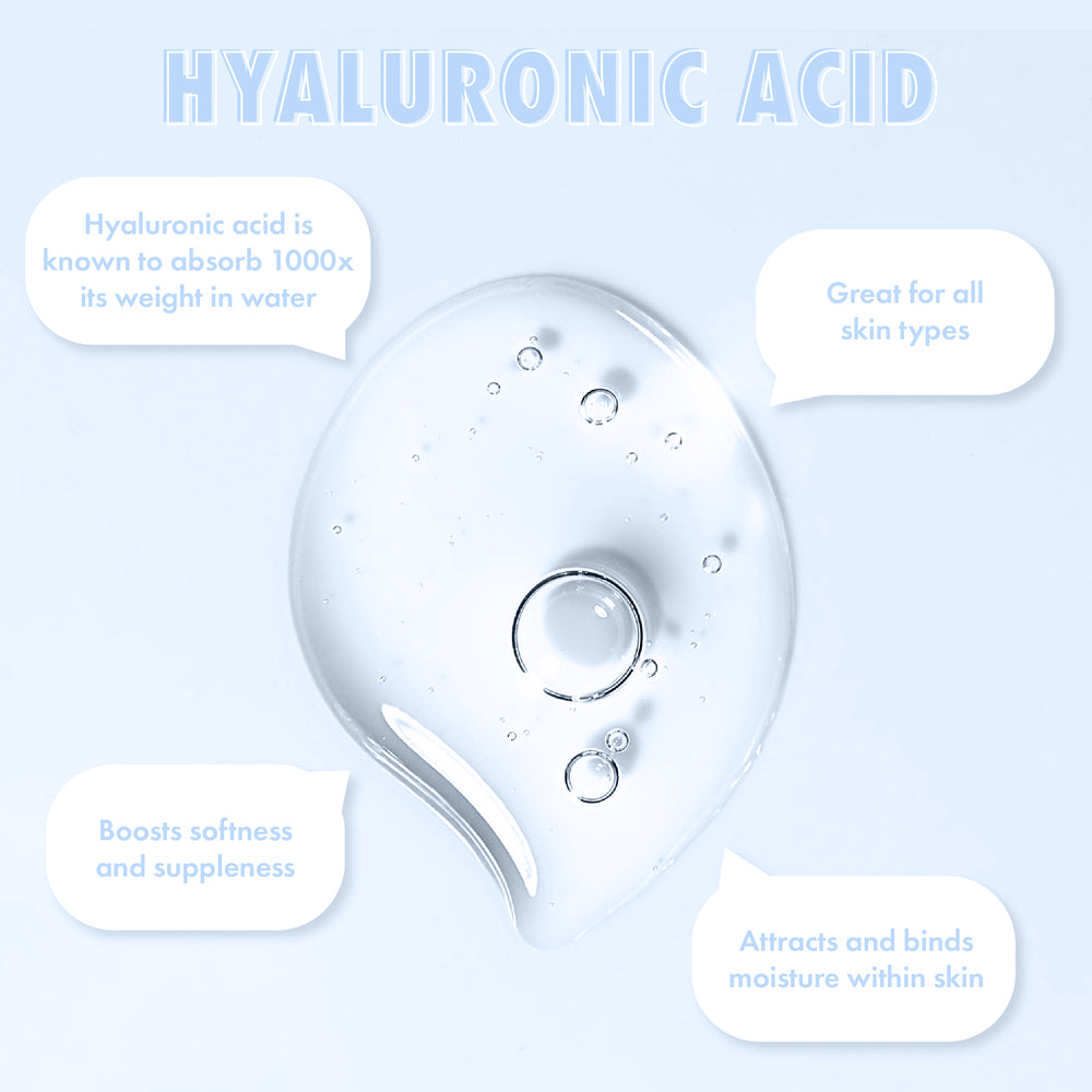 Clear droplet of Rainfall 2% HA Serum showcases hyaluronic acid benefits - absorbs 1000x its weight in water, attracts and binds moisture, boosts softness, great for all skin types - on a light blue infographic; ColourPop Face Serum.