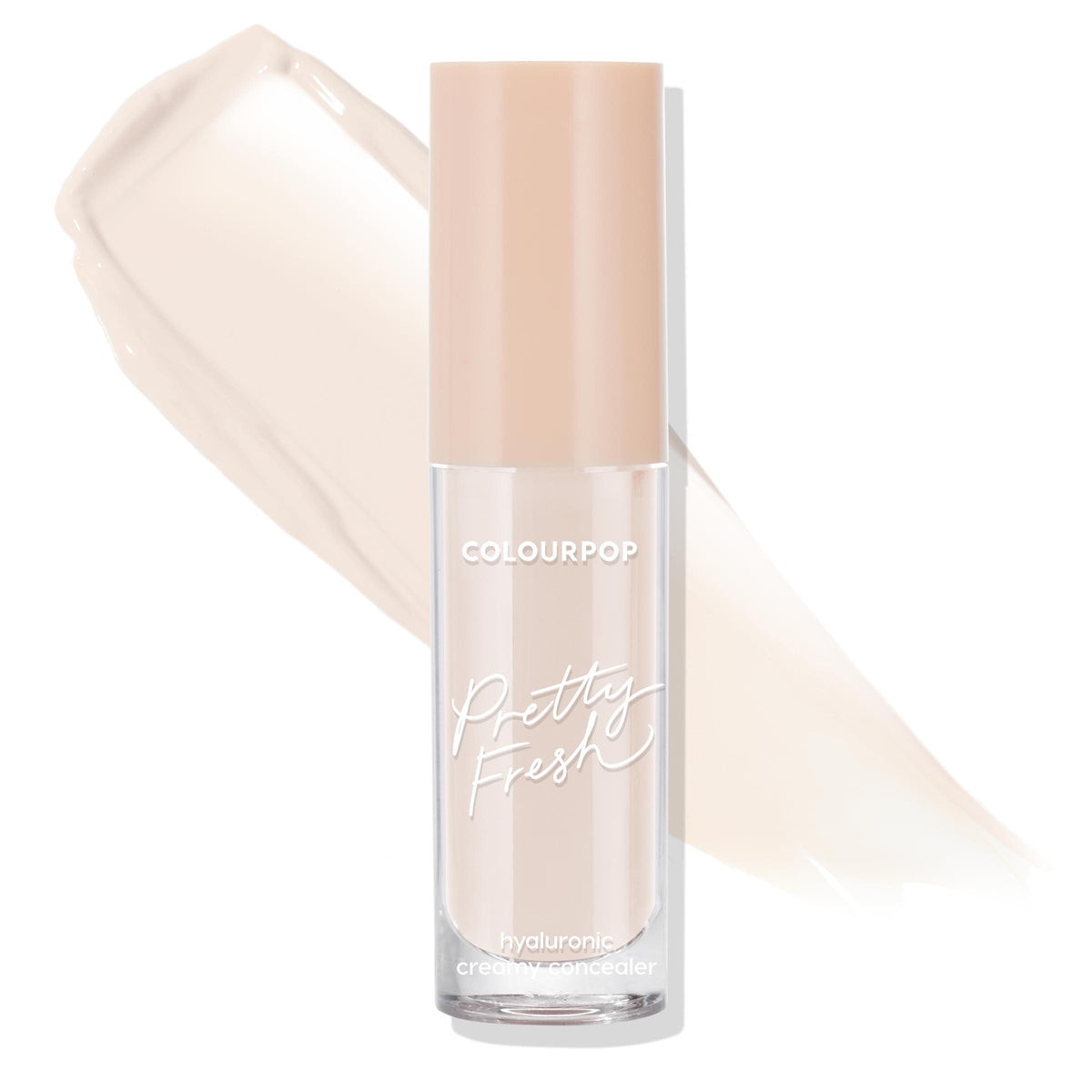 ColourPop Pretty Fresh Creamy Concealer in Fair 05 W stands upright, closed, with a nude-peach cap and clear tube; a warm fair beige swatch arcs behind on a white background, showcasing the hyaluronic creamy formula and shade.