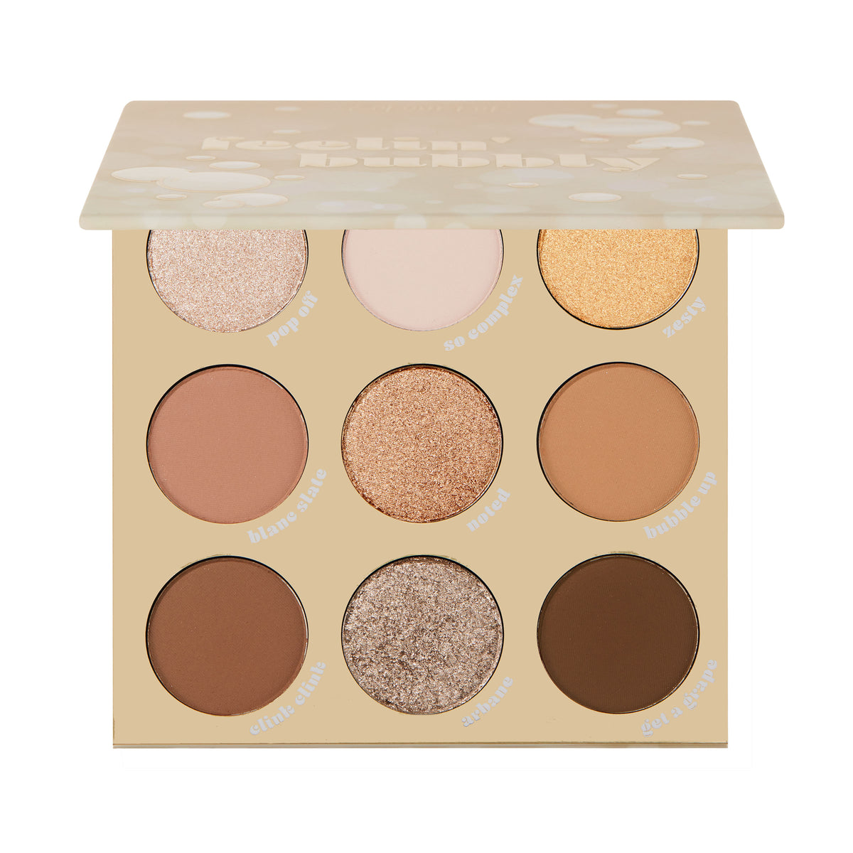 ColourPop Feelin’ Bubbly shadow palette displaying nine neutral, champagne-inspired shades - matte and shimmer in ivory, gold, tan, bronze, taupe, and deep brown - open with a bubble-print lid against a white background.