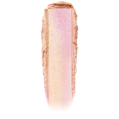 Field of Fairies ColourPop Jelly Much Shadow swatch shifts from champagne gold to soft pink, shimmering with fine sparkle; a vertical, creamy smear with textured edges shown on a clean white background.
