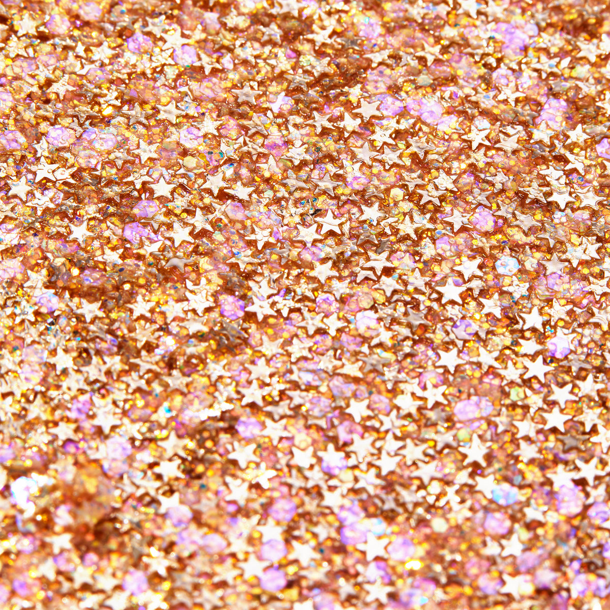 Spinner glitter gel swatch sparkling with metallic gold and iridescent pink star-shaped particles in a clear gel base, ColourPop Glitter Gel texture close-up on a flat surface for face and body looks.