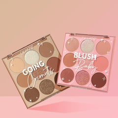 Coconut BB ColourPop Shadow Palette Set displays two 9-pan palettes - Going Coconuts neutrals and Blush Baby rosy pinks - with matte and shimmer shades in clear cases, angled on a pink gradient background for versatile everyday eye makeup.
