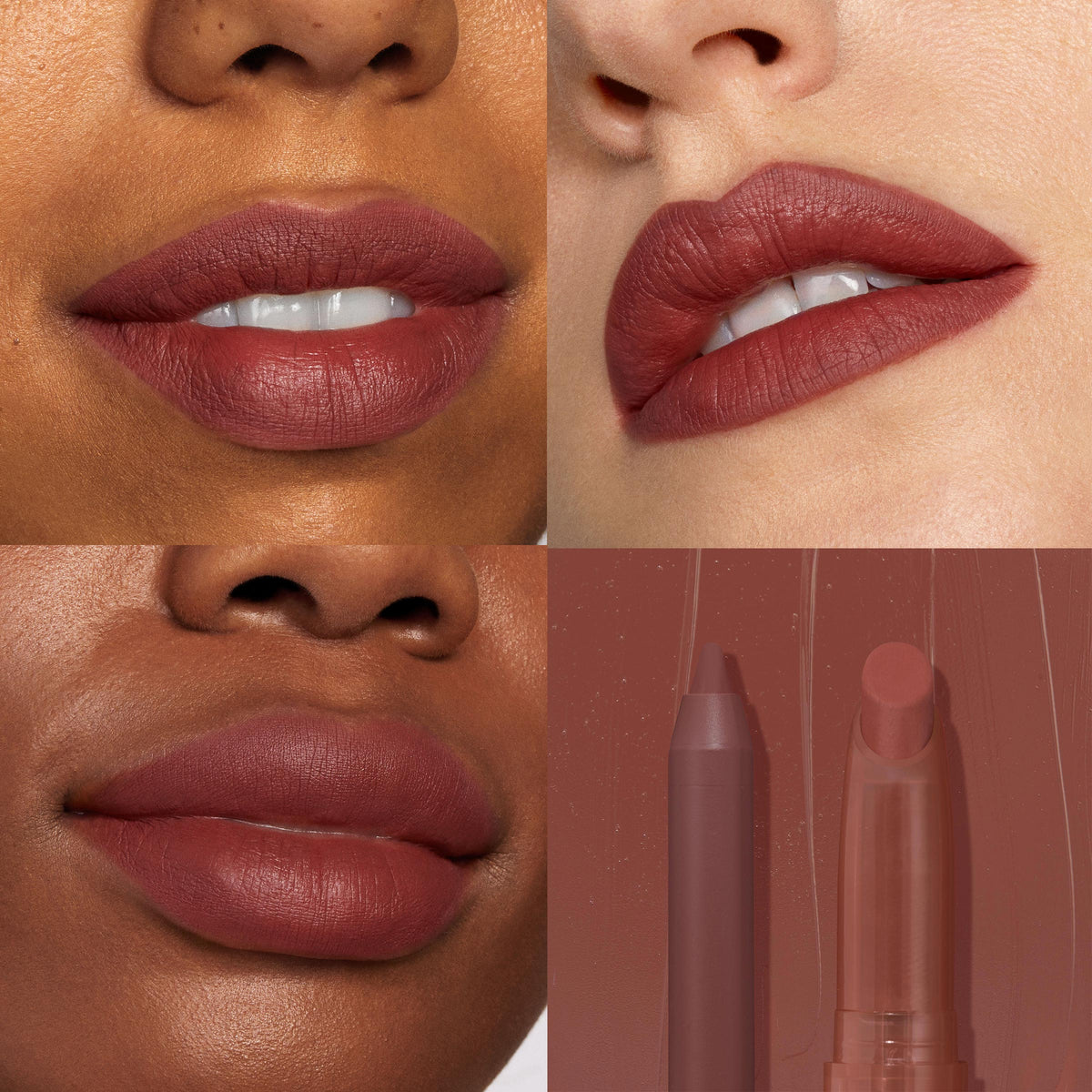 Big Smooch ColourPop Lippie Stix + Pencil Set showcasing a velvety rosy-brown lip color on three close-up swatches across multiple skin tones, with the matching lip liner and Lippie Stix shown against a smeared shade backdrop in a four-panel grid.