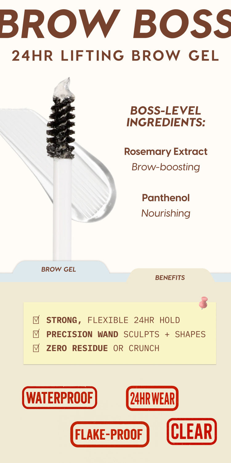 Brow Boss 24HR Lifting Brow Gel wand coated in clear formula, highlighting rosemary extract and panthenol ingredients with callouts for strong flexible 24-hour hold, precision sculpting, zero residue, and waterproof, flake-proof, clear finish benefits.