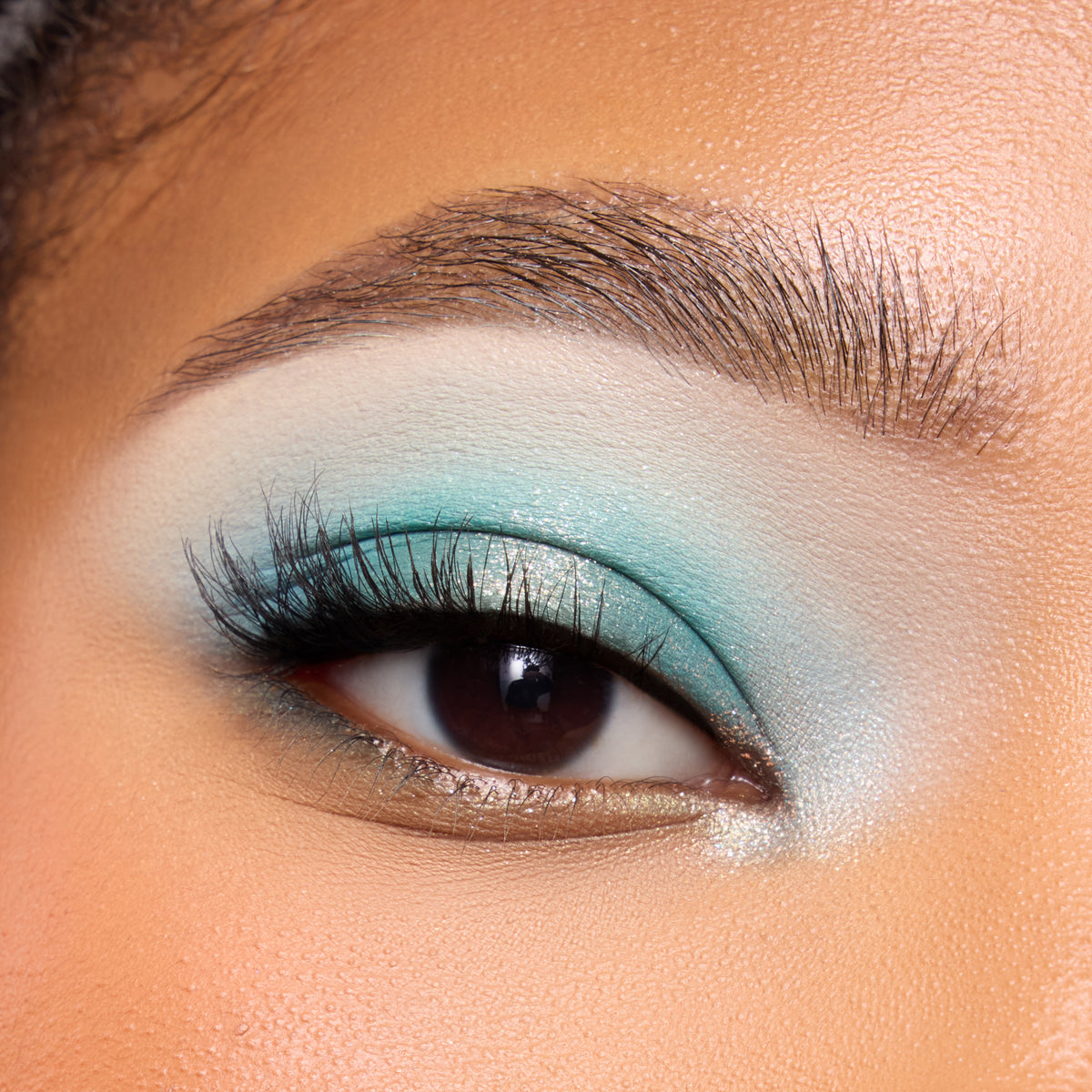 Close-up of a deep-skin eye with aqua and teal shimmer shadow from the Best of Both Worlds palette