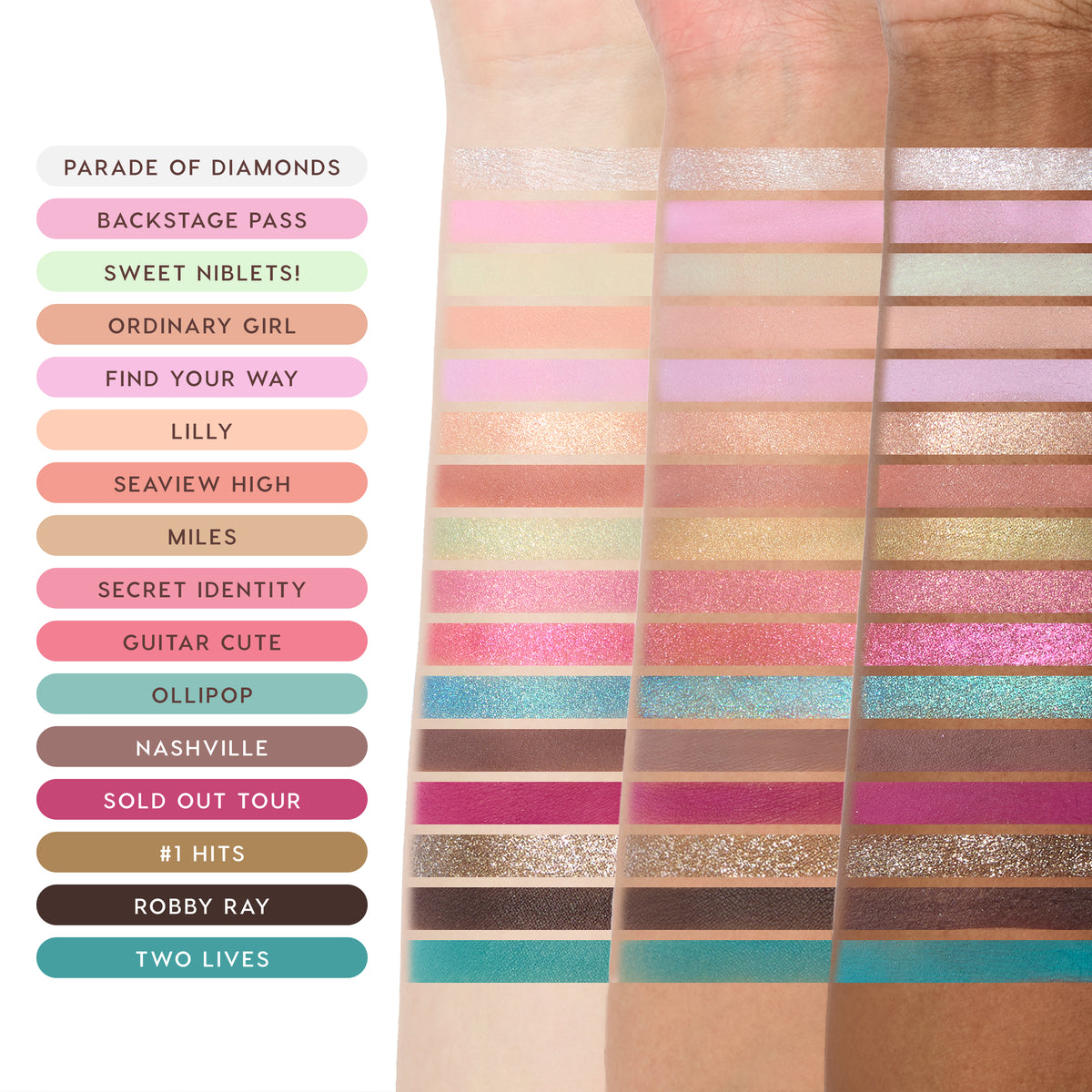 Best of Both Worlds Eyeshadow Palette arm swatches of all 16 shades, from Parade of Diamonds to Two Lives, on three skin tones