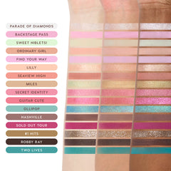 Best of Both Worlds Eyeshadow Palette arm swatches of all 16 shades, from Parade of Diamonds to Two Lives, on three skin tones
